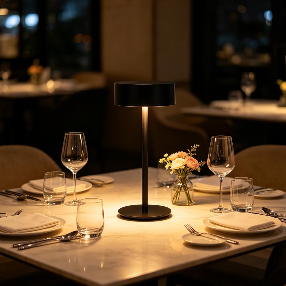 LED Tischlampe Kabellose Portable Akku Tischleuchte USB Aufladbar Aluminium Dimmbar Nachttischlampe Batteriebetrieben 3 Farbtemperatur Nachtlicht Touch Schalter für Esszimmer Terrasse,Schwarz
