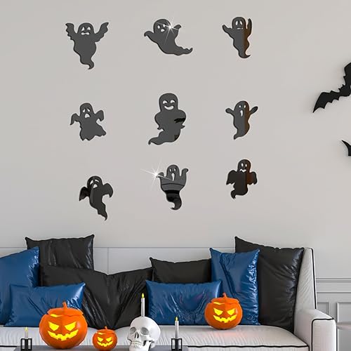 Miniatura 7 de Decoración de pared de fantasma de Halloween, 9 piezas, decoración de pared de fantasma blanco, calcomanías de pared de fantasma blanco, espejo