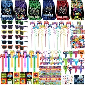 PLOUGVI 320PCS Video Game Party Favors for Kids-Including Goodie Bags, Glasses, Straws, Bubble Wands, Stickers, Cake Toppers, Tattoos & More-Perfect for Theme Party Decorations & Piñata Fillers