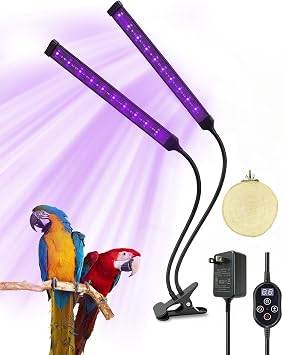 Bird Cage Light with UVA UVB, Full Spectrum Bird Lamp for Parrots | Dual-Head, 3 Modes, 4 UVB Levels 1.0-3.5, 24H Timer, 68 LEDs, Solid Wood Perch Included