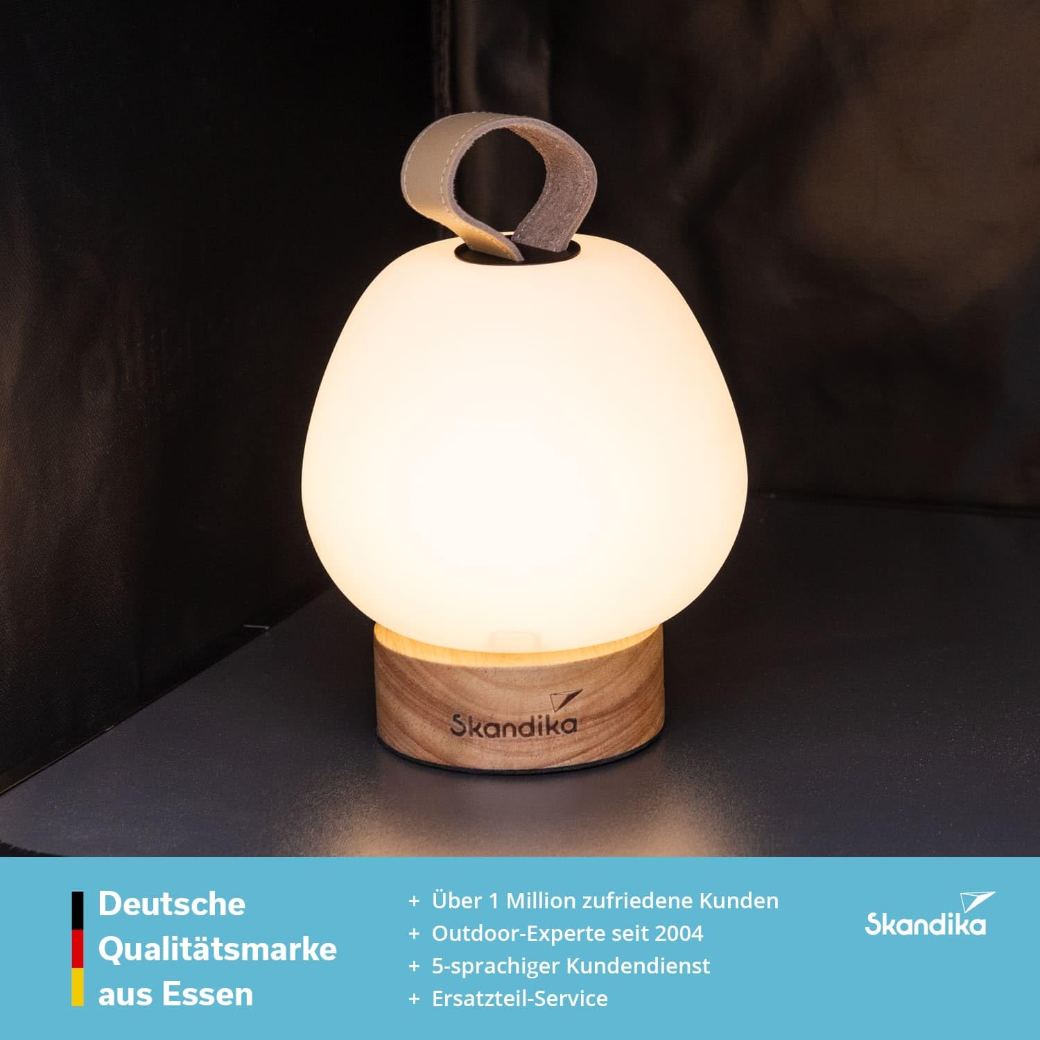 Skandika Campinglampe Gnista | wiederaufladbare LED Lampe, 180 - 210 Lumen, mit USB Typ C Ladekabel, 2000 mAh, 3 Lichtfarben, stufenlos dimmbar, zum Aufhängen | Laterne für Camping, Outdoor, Wandern