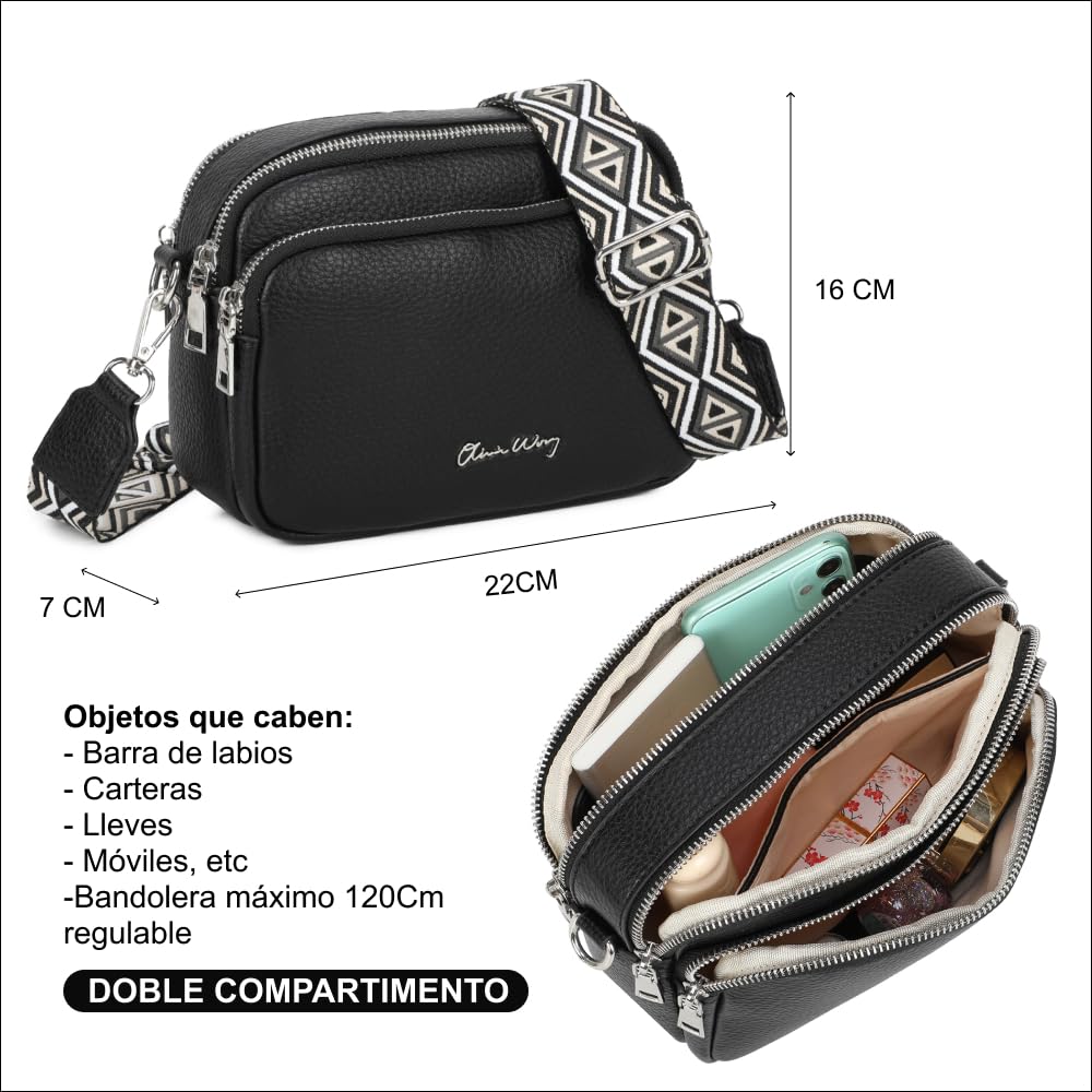 Bolso bandolera mujer pequeño de cuero PU tres compartimentos y dos bandoleras, bolso mensajero para cruzar polipiel regalo original para mujer