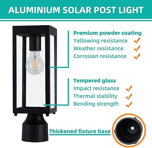 Miniatura 4 de Lámpara solar para poste de luz exterior impermeable, del atardecer al amanecer, luz solar para patio, jardín, entrada y patio, negro mate, 14.5