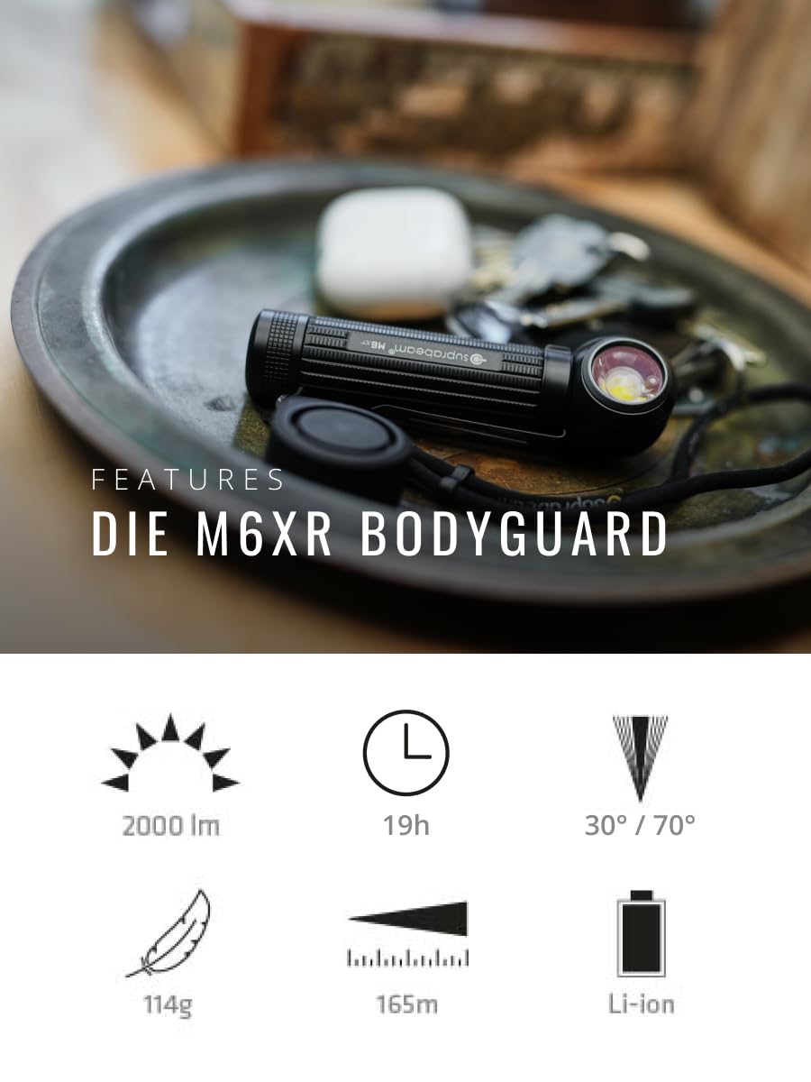 Suprabeam M6xr BodyGuard - Linterna de seguridad con luz estroboscópica y alarma de 120 dB, 2000 lúmenes, luz LED para protección y seguridad, recargable, incluye caja de regalo