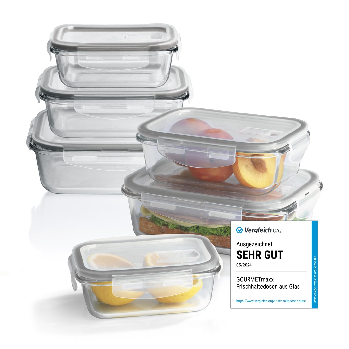 GOURMETmaxx Glas-Frischhaltedosen Klick-it 6er Set | Als Brotdose oder für Meal Prep | Spülmaschinen- Mikrowellen- und Gefrierschrankgeeignet | Aufbewahrungsbox mit Deckel mit Silikon Dichtungsring