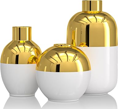 White and Gold Ceramic Flower Vase Set of 3,Glossy Gold Modern Round Decorative Vases for Pampas Grass Home Decor,Bedroom,Office,Living Room,Bookshelf,Wedding,Bathroom Table Centerpiece White