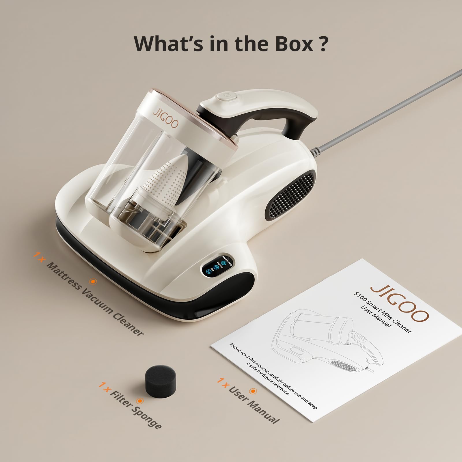 JIGOO S100 Battimaterasso, Aspiratore per materassi con luce UV e vibrazione, aspirapolvere antiacari, sensore acaro della polvere, indicatore LED, ultrasuoni, rimuove il 99,9%, per materassi, letti