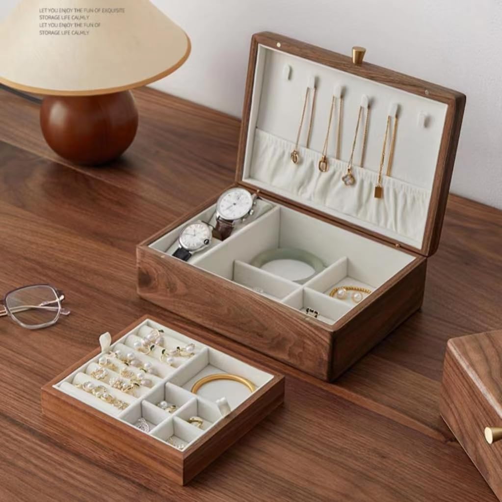Bescott 2 Layer Solid Black Walnut Wooden Jewelry Box for Women Wood Vintage Organizer for Men Earrings Rings Necklaces Bracelet Watch Storage Mother's Day Gift - Image 6