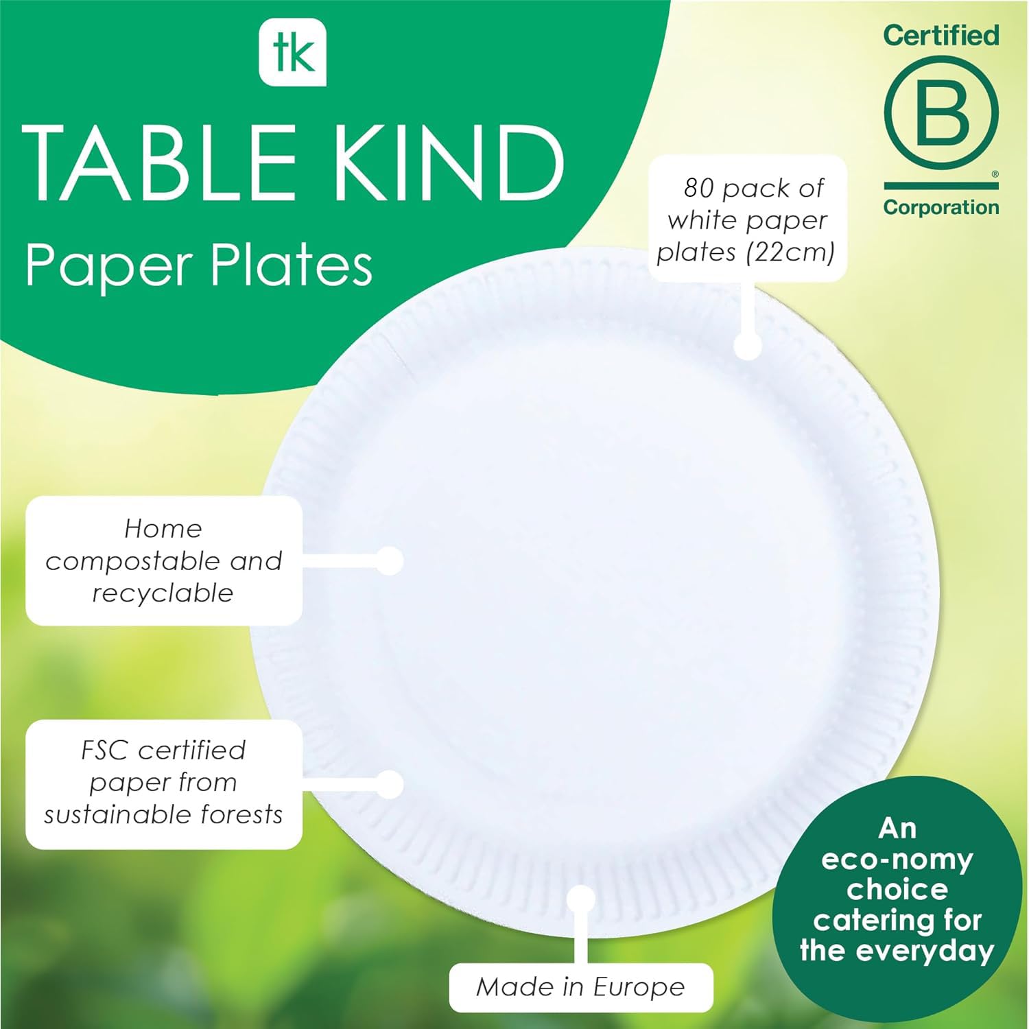 Table Kind Lot de 80 assiettes en papier blanches jetables de 22 cm pour barbecues, traiteurs, buffets d'anniversaires et de mariages, food trucks, camping, fêtes et événements comme la Coupe du Monde