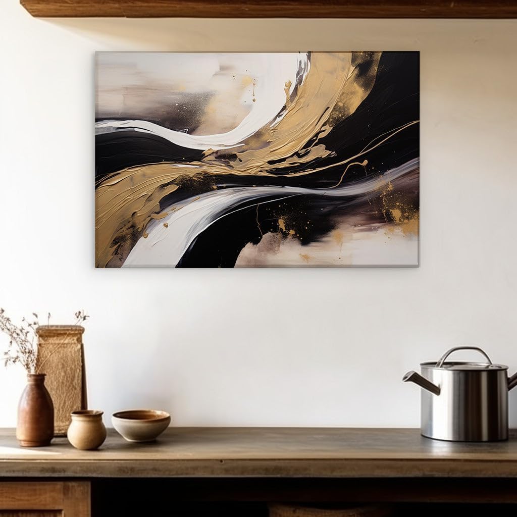 Canvas for Living room. Elegance in Motion: The Allure of Swirling Black, White, and Gold, 27 x 18 inch Canvas Wall Art - Modern Home Decor