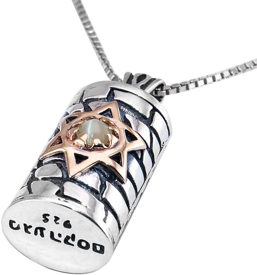 Kabbalah Mezuzah Pendant Star of David Magen David w/ Cat's Eye Cymophane Stone Necklace 10 Ten Commandments Blessing Protection Prayer Amulet for Women Men Sterling Silver Hebrew Jewelry Jewish Gift Judaica 1.01 "(27.9mm)