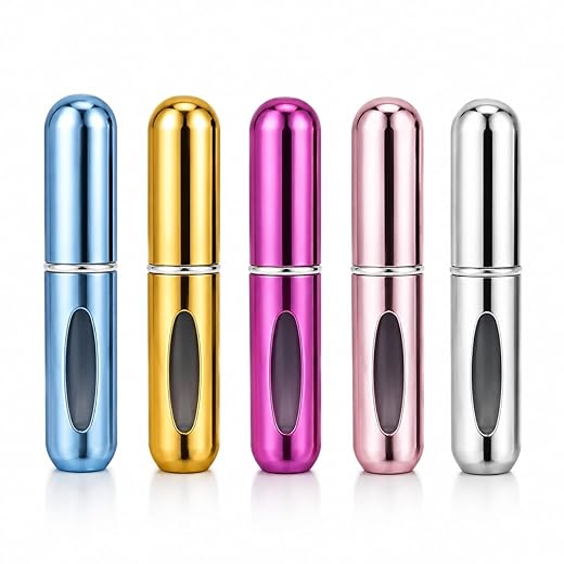 Mini Frascos Recarregáveis de Perfume, Kit com 5 Unidades, 5ml cada, Visor Lateral Transparente, Ideal para Viagens e Rotina