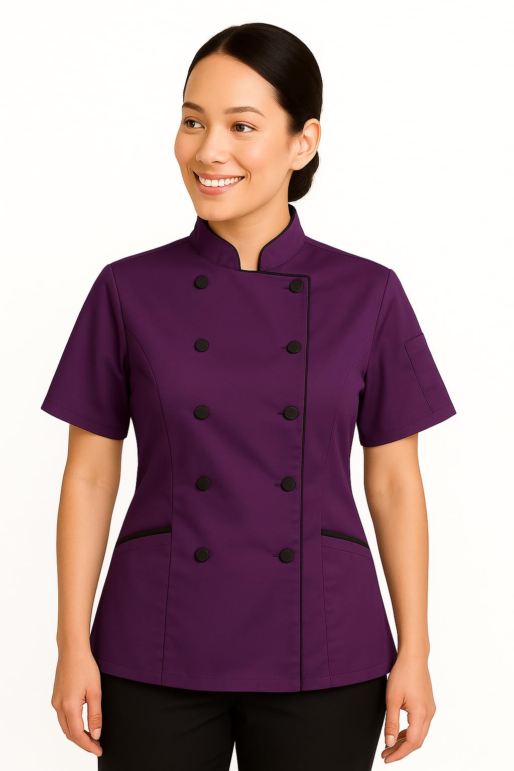 Short Sleeves Tailored Fit Chef Coat Jacket Uniform for Women for Food Service, Caterers, Bakers and Culinary Professional, Violet, Medium