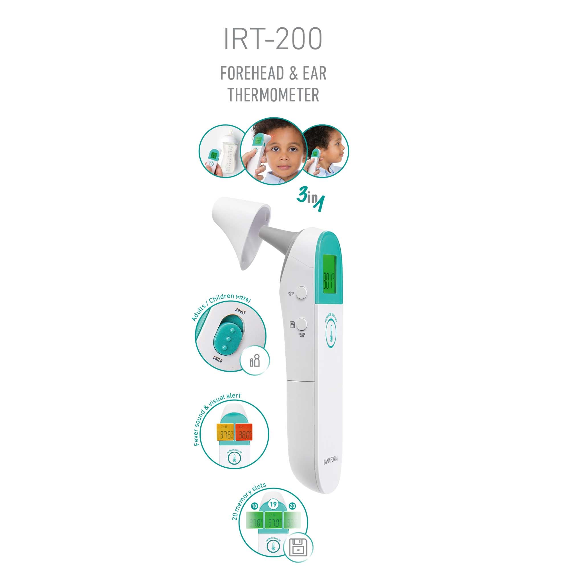 IRT-200 - Termometro - Termometro Frontale Per Neonati E Adulti - Termometro Medico Digitale Senza Contatto - Termometro A Infrarossi - Modalità Oggetto E Corpo