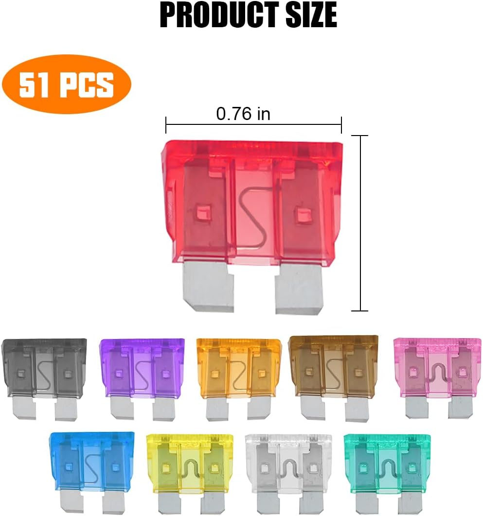 51PCS Car Fuse Assortment Kit, Vehicle Standard Size Blade Fuses 2A 3A 5A 7.5A 10A 15A 20A 25A 30A 35A, Auto Replacement Accessories, Universal for RV Motorcycle Truck