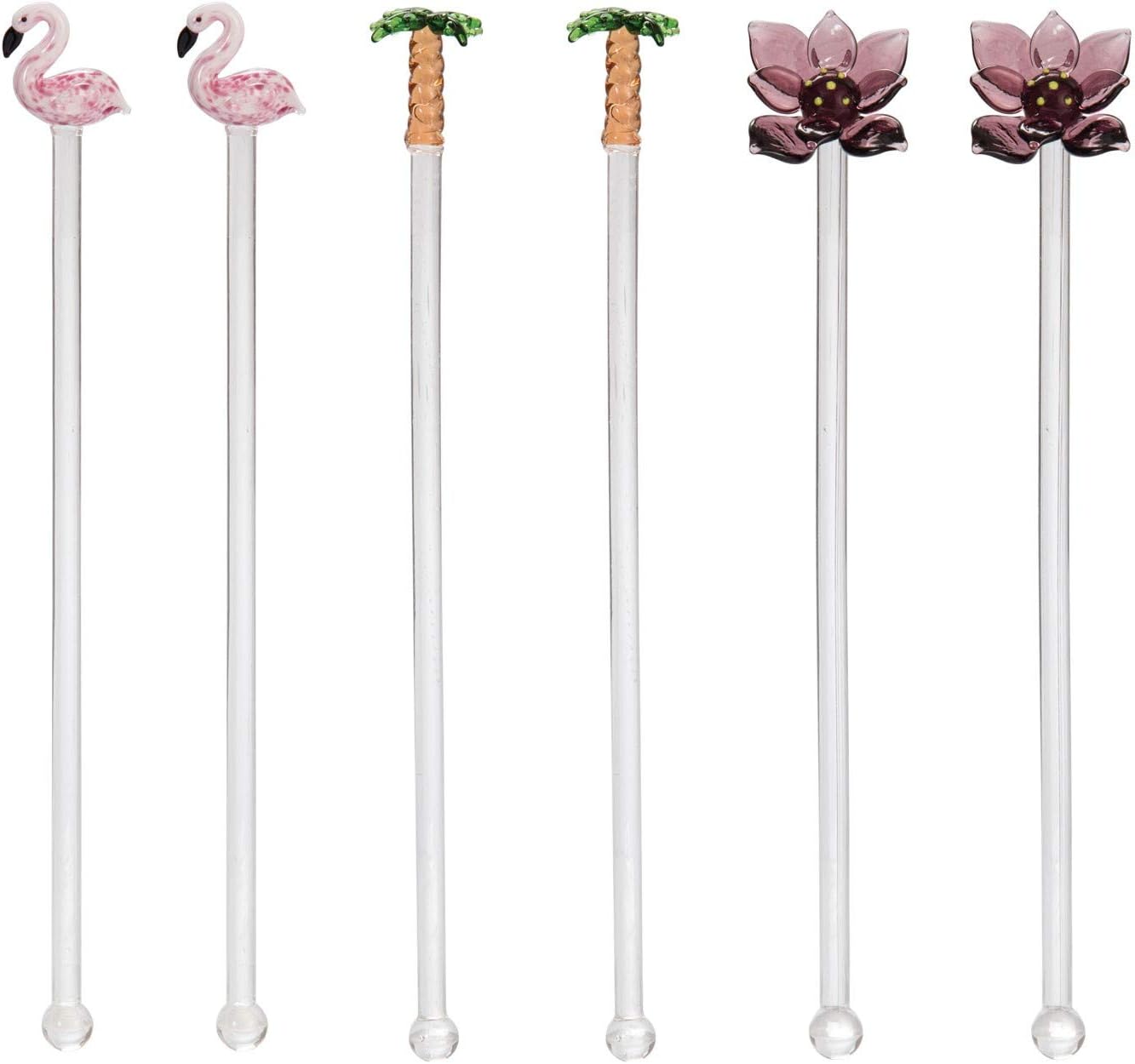 Beachcombers Flamingo Palm Tree Lotus Flower Set Of 6 Reusable Glass Drink Stirs Tropical Cocktail Bar Beach Party Swizzle Sticks Pink
