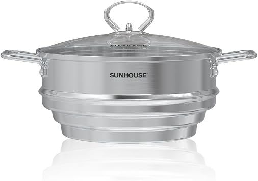 SUNHOUSE 5 QT Stainless Steel Steamer Basket for Pot, Universal Insert | Food & Vegetable Steaming Rack with Glass Lid, Stay-Cool Handles - Fits 8, 8.5, 9.5 Inch Pots - Cestello Vaporera