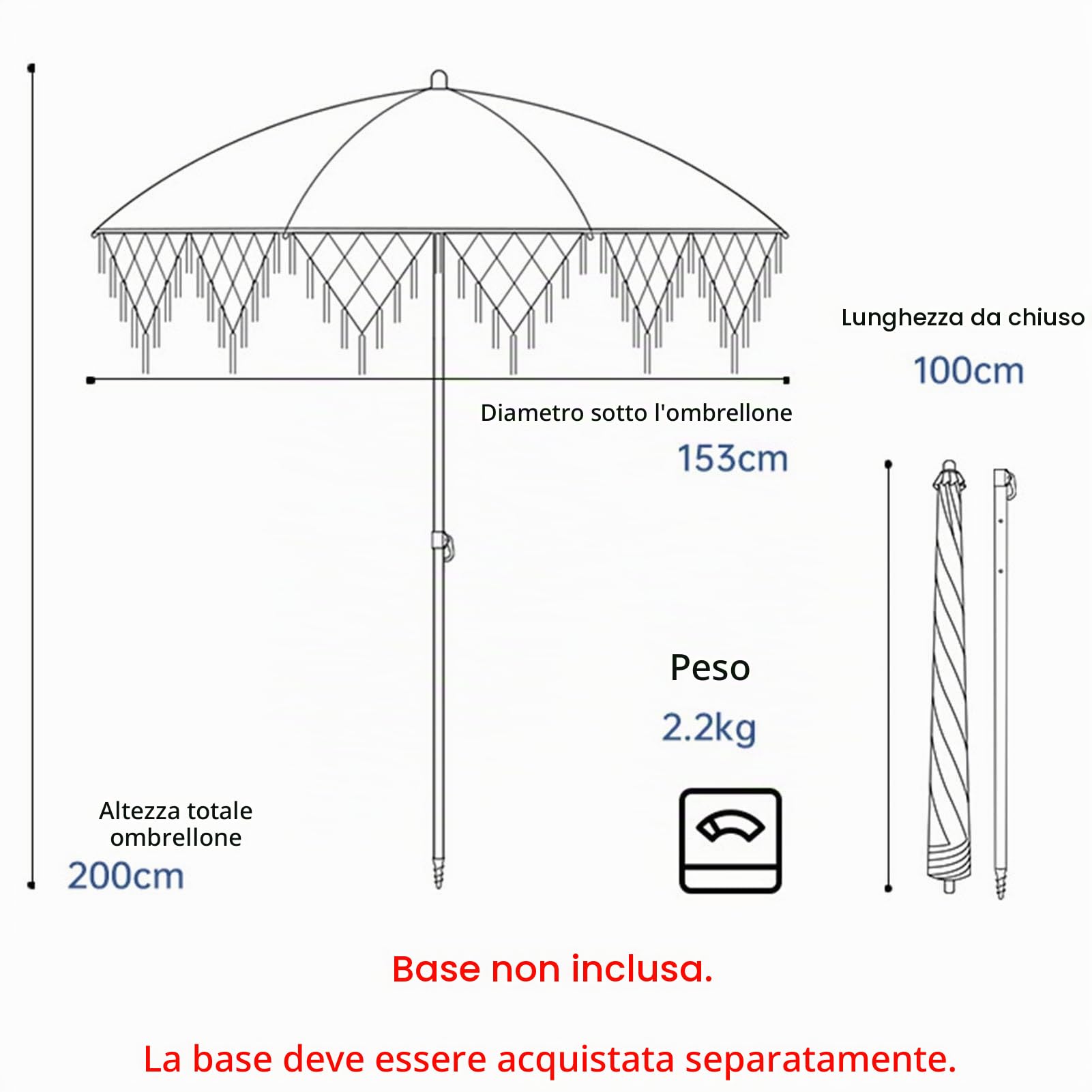 Ombrellone Giardino 180 Cm con Frange, Ombrellone Spiaggia per Esterni, Stecche con Pulsante di Inclinazione E Borsa per Il Trasporto, Ombrellone Picnic con Nappe E Protezione UV 50+
