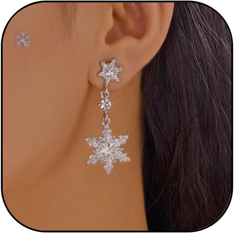 Snowflake Earrings for Women Dainty Snowflakes Drop Dangle Earring Sparkly Crystal Flowers White Zirconia Snowflakes Stud Earrings Christmas Holiday Jewelry Gifts