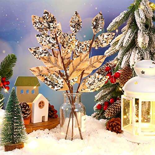 15 Pieces Christmas Artificial Glitter Leaf Decorations 13.4 Inches Christmas Picks Spray Poinsettia Floral Leaf Accessories Winter Wedding Vase Fillers Christmas Wreath Diy Crafts Decor (Champagne) #TOP4