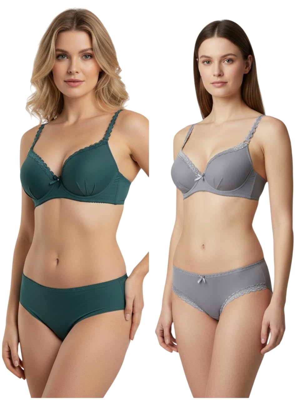 STYLIE-LIN Women’s Lycra Silk Bra Panty | Lingerie Combo Set – Seamless Bra and Panty | Padded Underwire T-Shirt Medium Coverage Bikini Pack of 2 (Green/Grey)-picture-54