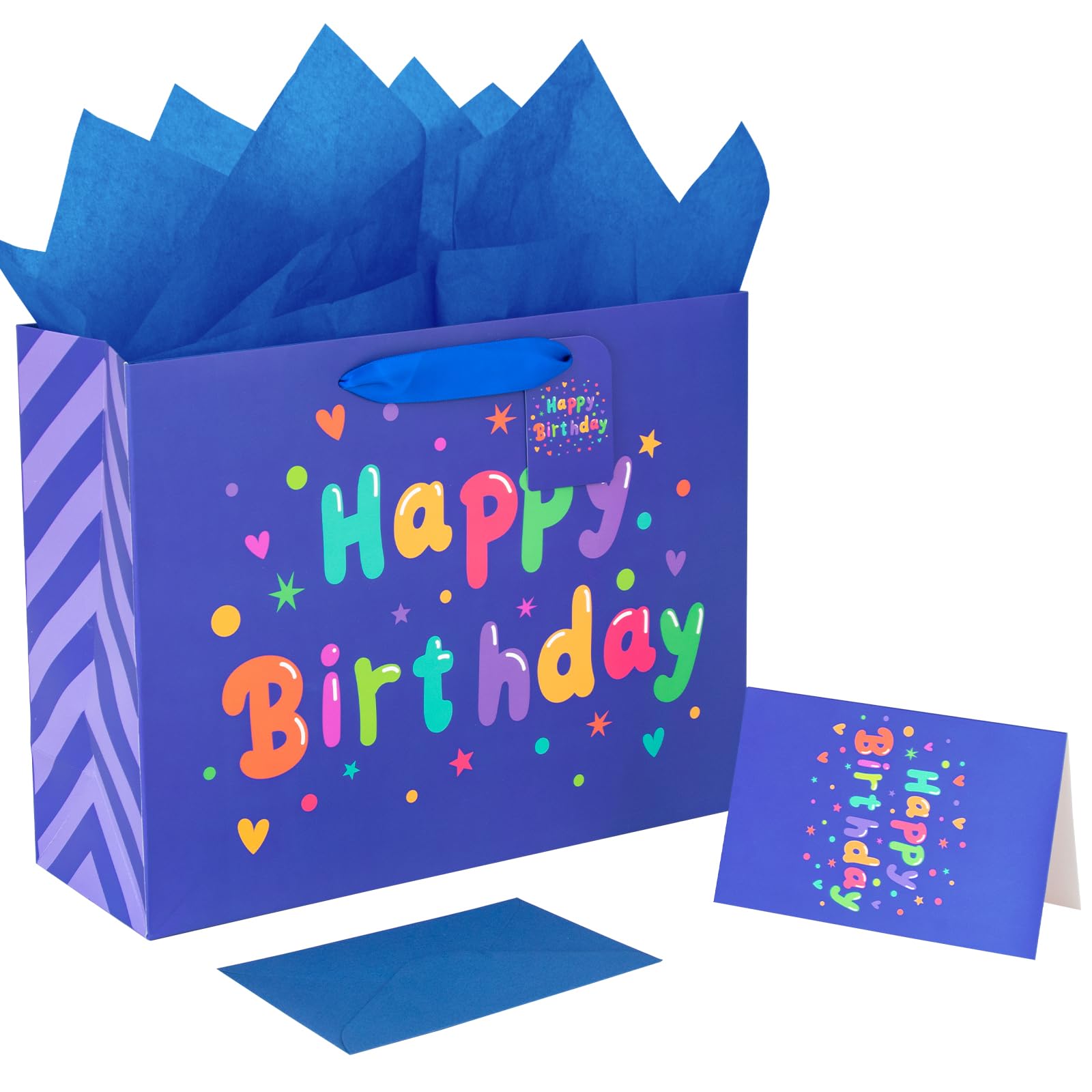 FOREVER 7 STAR Navy Blue Happy Birthday Gift Bag With Handles Tissue Papers and Greeting Card,13 Inch Medium Size for Birthday Perfect for kids, for Both Women and Men, for Girl and Boy