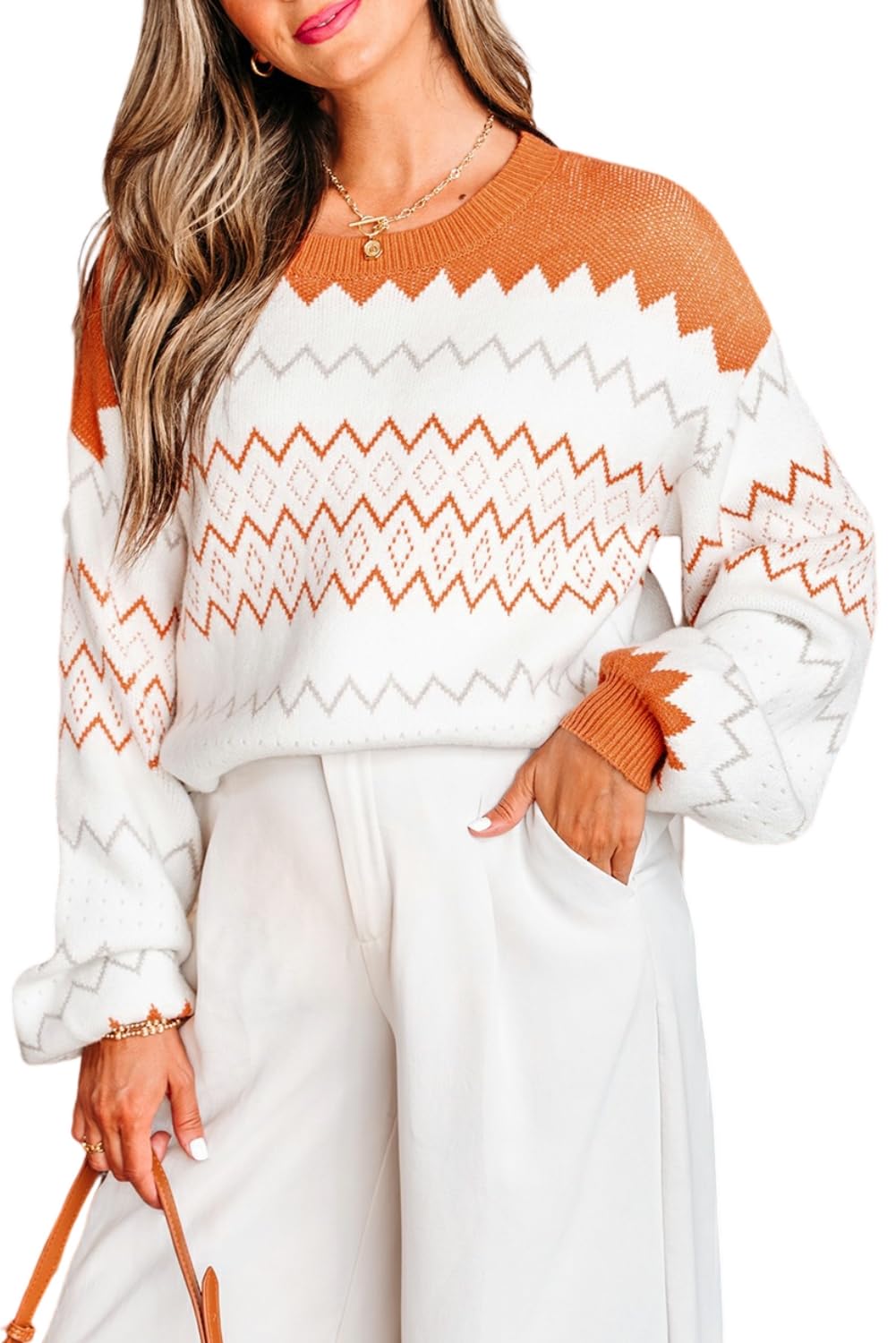Womens Crew Neck Geometric Pattern Sweaters Casual Long Sleeve Loose Knitted Pullover Tops