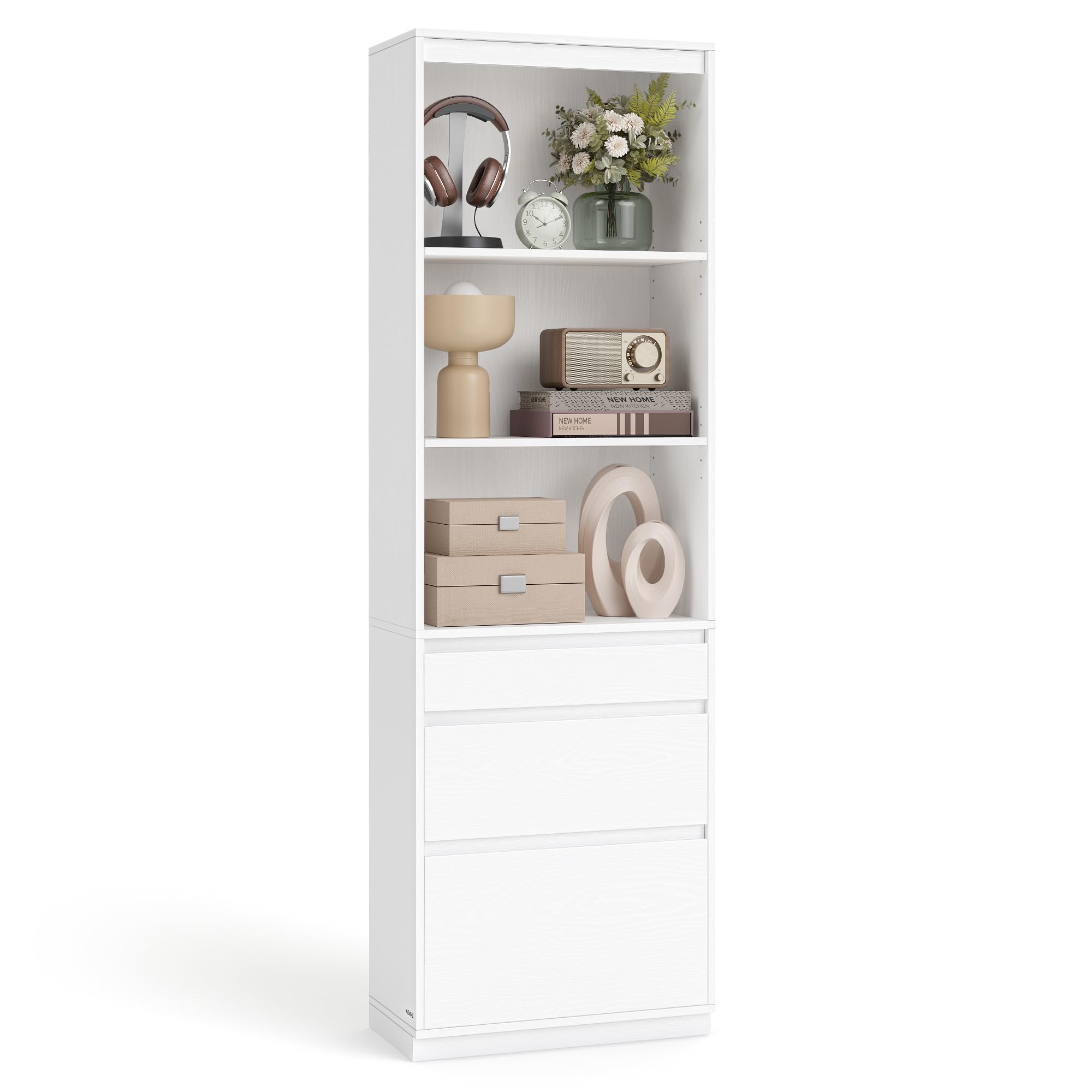 VASAGLE Kailyn Kollektion - Bücherregal, Hochschrank, 3 unterschiedlich große Schubladen, verstellbare Ablagen, Wohnzimmer Schlafzimmer Arbeitszimmer, modern, platzsparend, schneeweiß LBC188W01