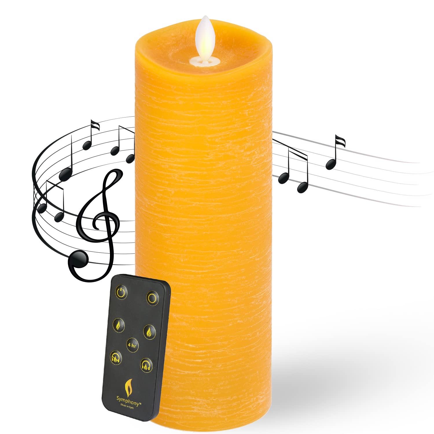 Symphony LED Flameless Candle | Signature Neon Orange Rustic 9 Inch 100% Paraffin Wax Battery Powered 500 Hour User Time with Remote Control | Music Flickering for Home, Office, Party, Bath
