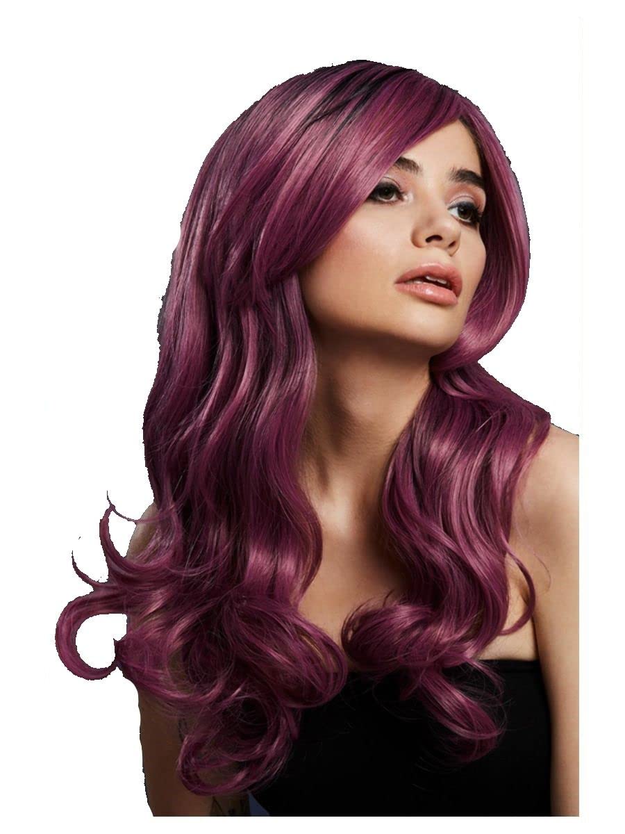 Smiffys Fever Khloe Wig, True Blend, Mauve Long Wave, Centre Parting, 56cm/22in, Fever Wigs Fancy Dress, Fever Dress Up Wigs