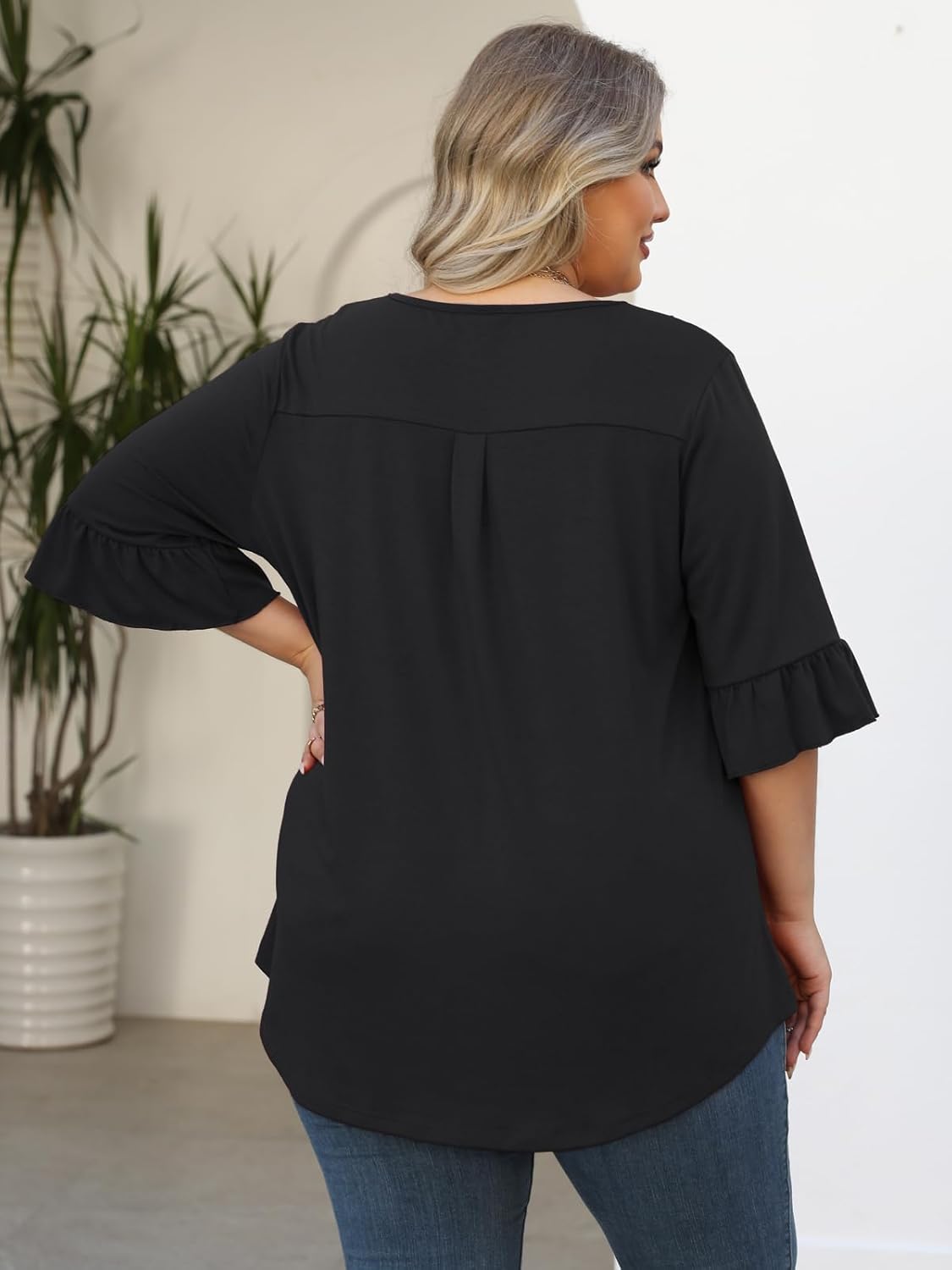 Beauhuty Women's Plus Size Shirts V Neck Ruffle Tops Dressy Casual 3/4 Bell Sleeve Blouses Business Trendy Work Tunic - Image 5