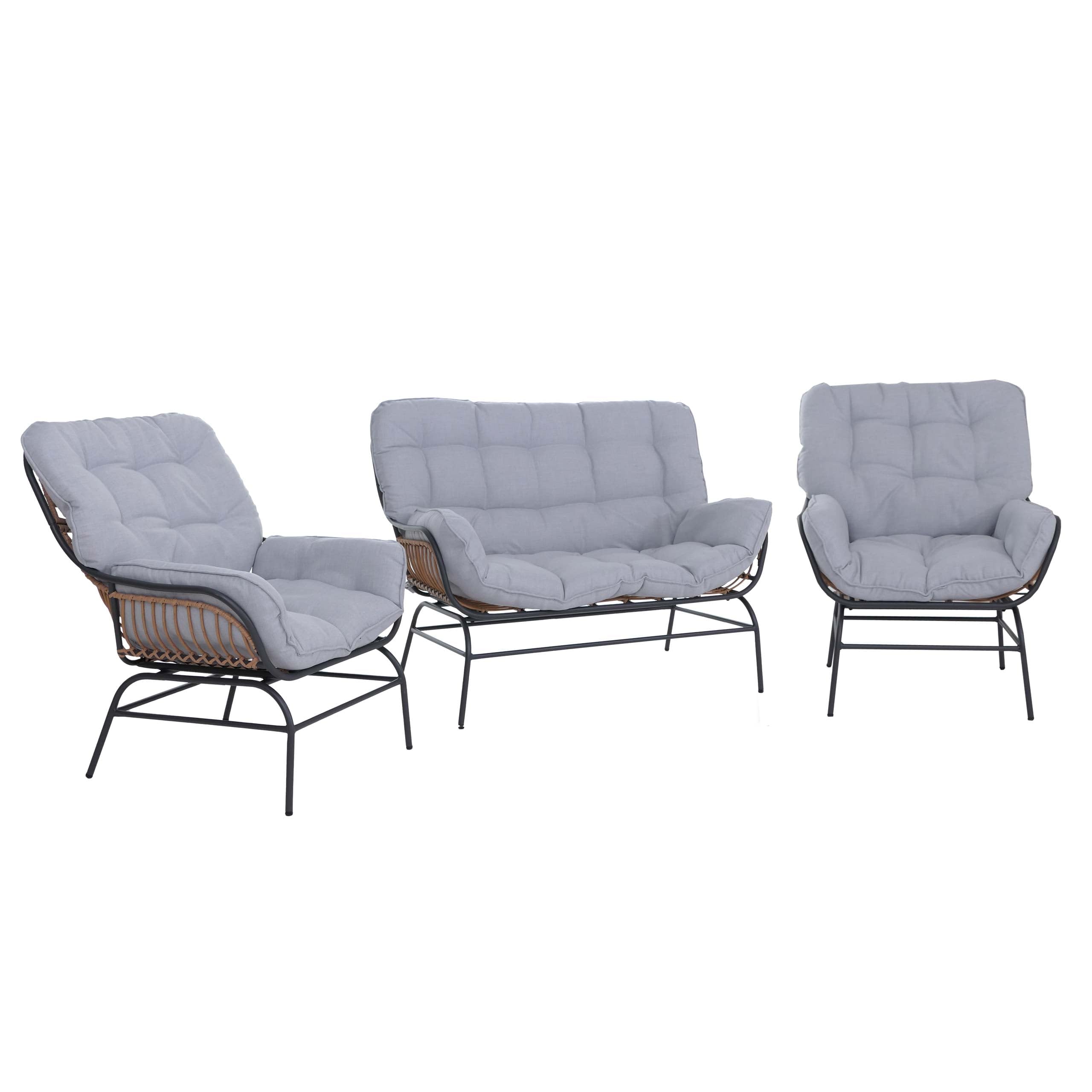 Lounge-Set HWC-P75, Gartengarnitur Sofa Sitzgruppe, Stoff 220g/m² Poly-Rattan Metall - dunkelgrau, Polster hellgrau