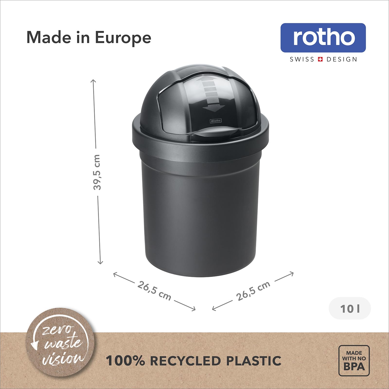 Rotho Roll Bob okrągły kosz na śmieci, 10 l, z pokrywką, tworzywo sztuczne (PP), nie zawiera BPA, czarny, 10 l (26,5 x 26,5 x 39,5 cm)