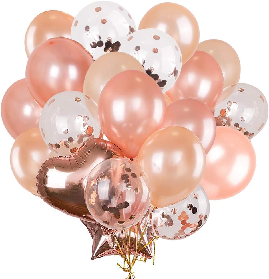 12Inch Rose Gold Confetti Balloon Set Champagne Gold Balloons Confetti Latex Balloons 18Inch Foil Balloons Heart And Star For Wedding Engagement Hen Party Baby Shower Birthday Decorations 38pcs