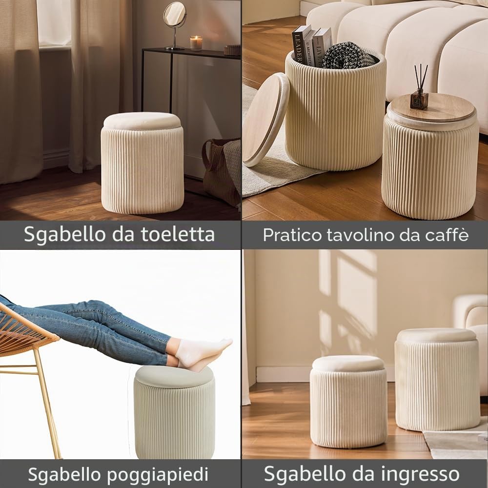 BLEXA Set di 2 ottomane rotonde in velluto bianco con contenitore