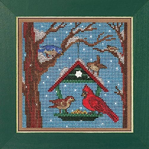 Image of Mill Hill Bird Feeder Beaded Counted Cross Stitch Kit Buttons & Beads 2023 Winter Series MH142332, 5.25 inch x 5.25 inch, Multi