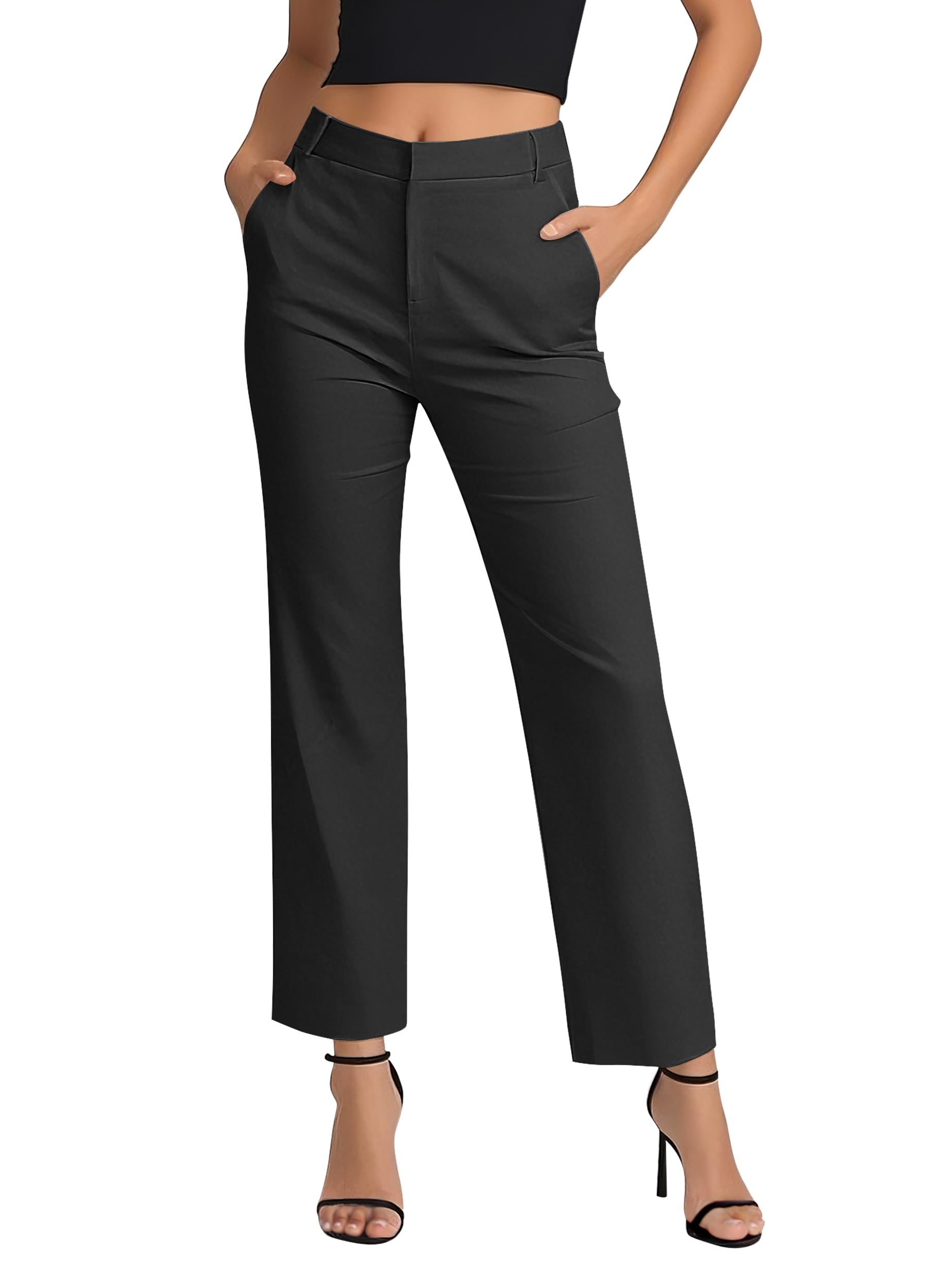 EXCHIC Donne Business Casual Elastica Vita Gamba Dritta Pantaloni con Tasche