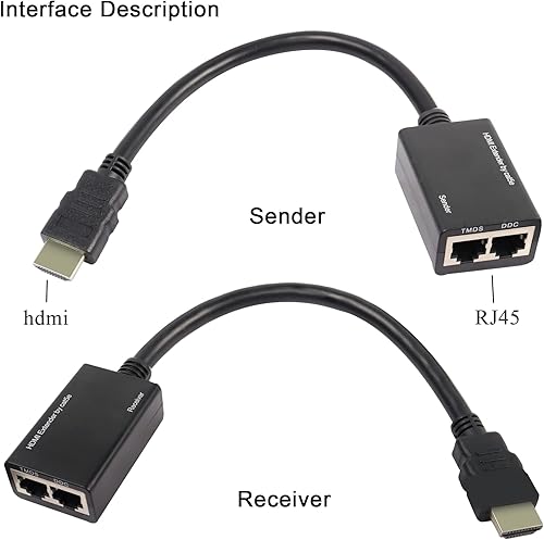 Miniatura 2 de QIANRENON Extensor HDMI sobre Cat5e, RJ45 Ethernet a HDMI Cable 2 puertos Amplificador de señal 100 pies 1080 P Cable HDMI 30M emisor+receptor, 2