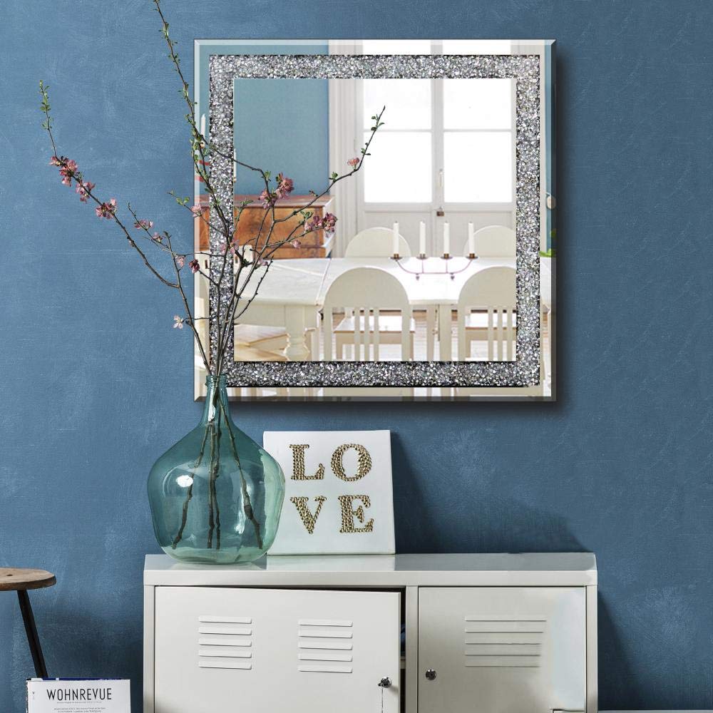 qmdecorSilver Square Crushed Crystal Mirror for Wall Decor 23.5x23.5x1 inch Wall Frame Without Glass Mirror Diamond Decor