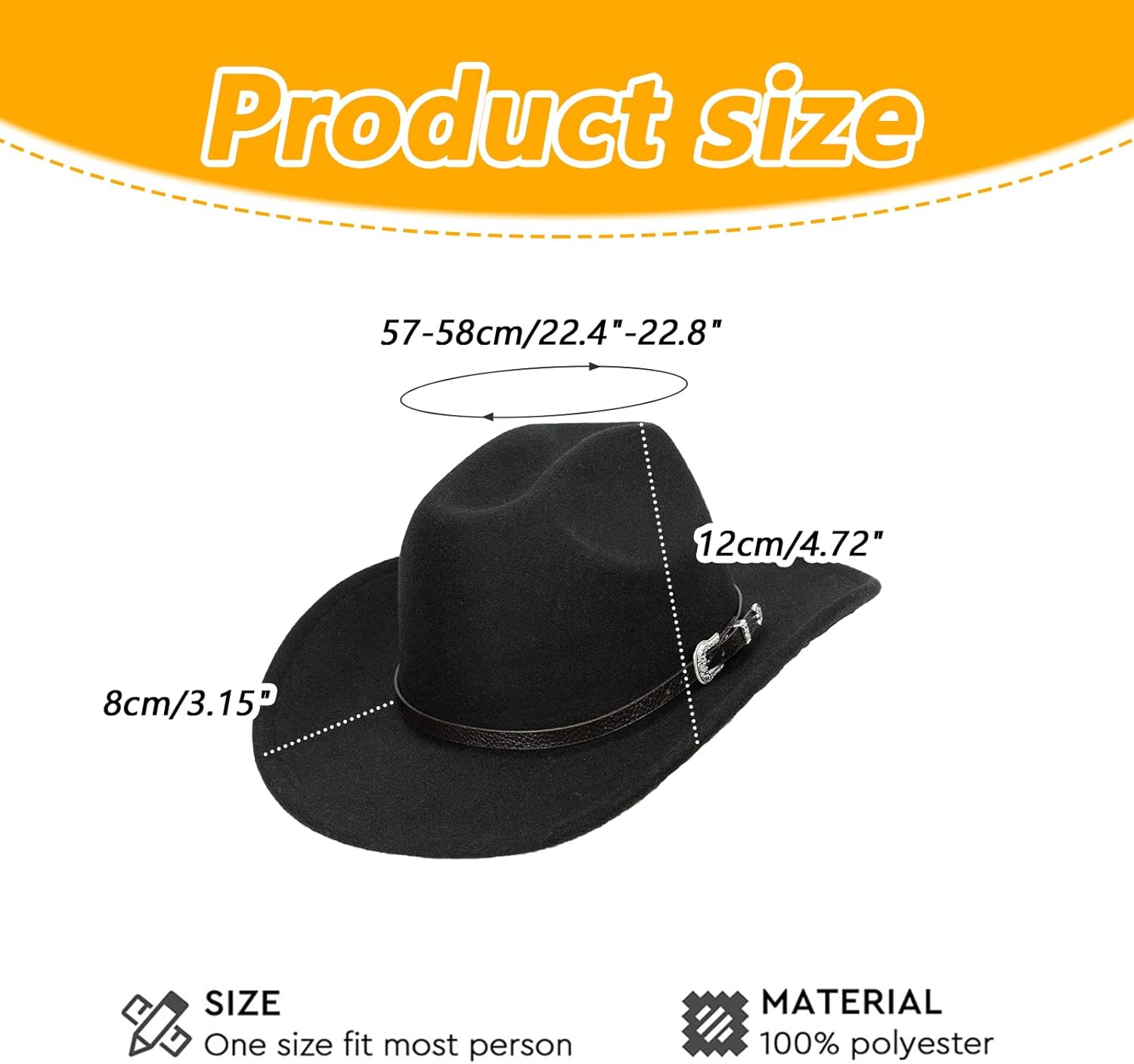 Black Felt Western Cowboy Hat with Belt Buckle Class Roll Up Wide Brim Fedora Hat Cowgirl Jazz Cap for Women Men - Image 2