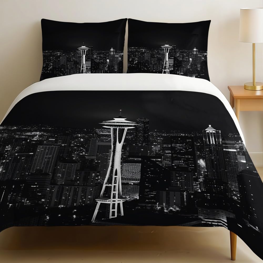 Housse de Couette 240x260 Architecture Urbaine la Nuit Motif Imprimé HD Microfibre