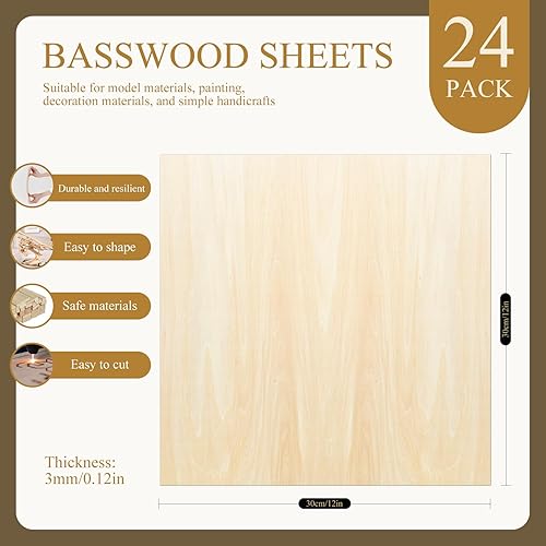 Miniatura 9 de Paquete de 36 hojas de tilo, madera contrachapada de tilo de 12 x 12 x 18 pulgadas, madera artesanal, madera sin terminar, para adornos de bricolaje