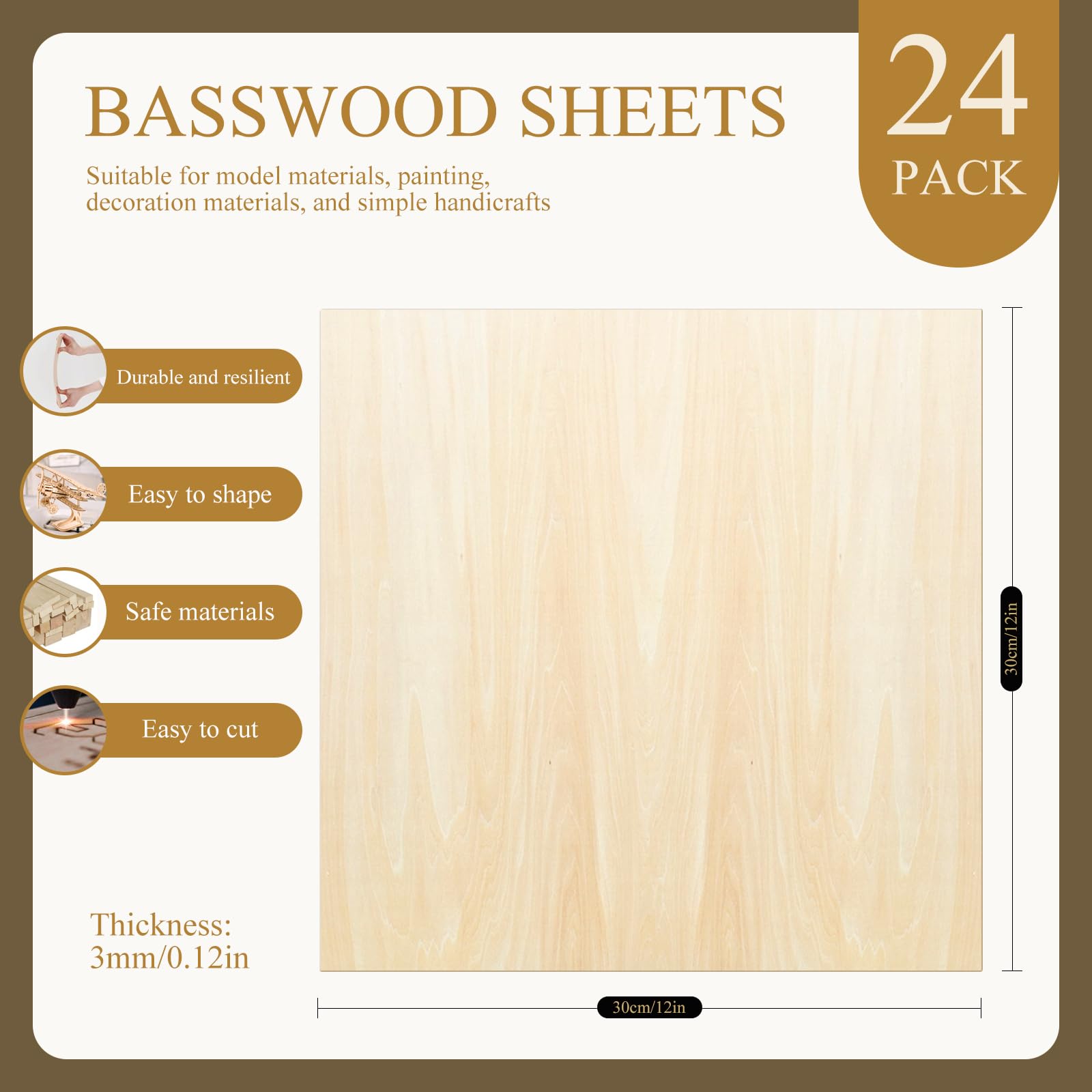 Paquete de 24 hojas de tilo de 12 x 12 x 1/8 pulgadas, madera contrachapada de tilo de 3 mm, madera de balsa artesanal, para adornos de bricolaje y grabado de modelos, quema de madera, modelos
