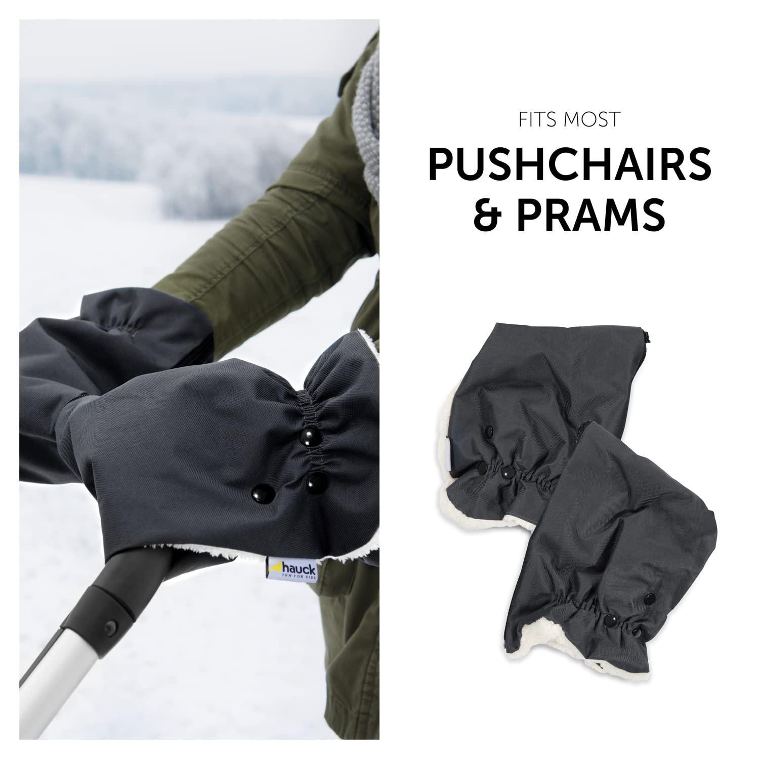 hauck Grab Me, Guanti Passeggino Universali Scladamani per Carrozzina e Rimorchio Bici, Antigeli Manicotto Impermeabile con Interno in Pile, Proteggi Mani Inverno