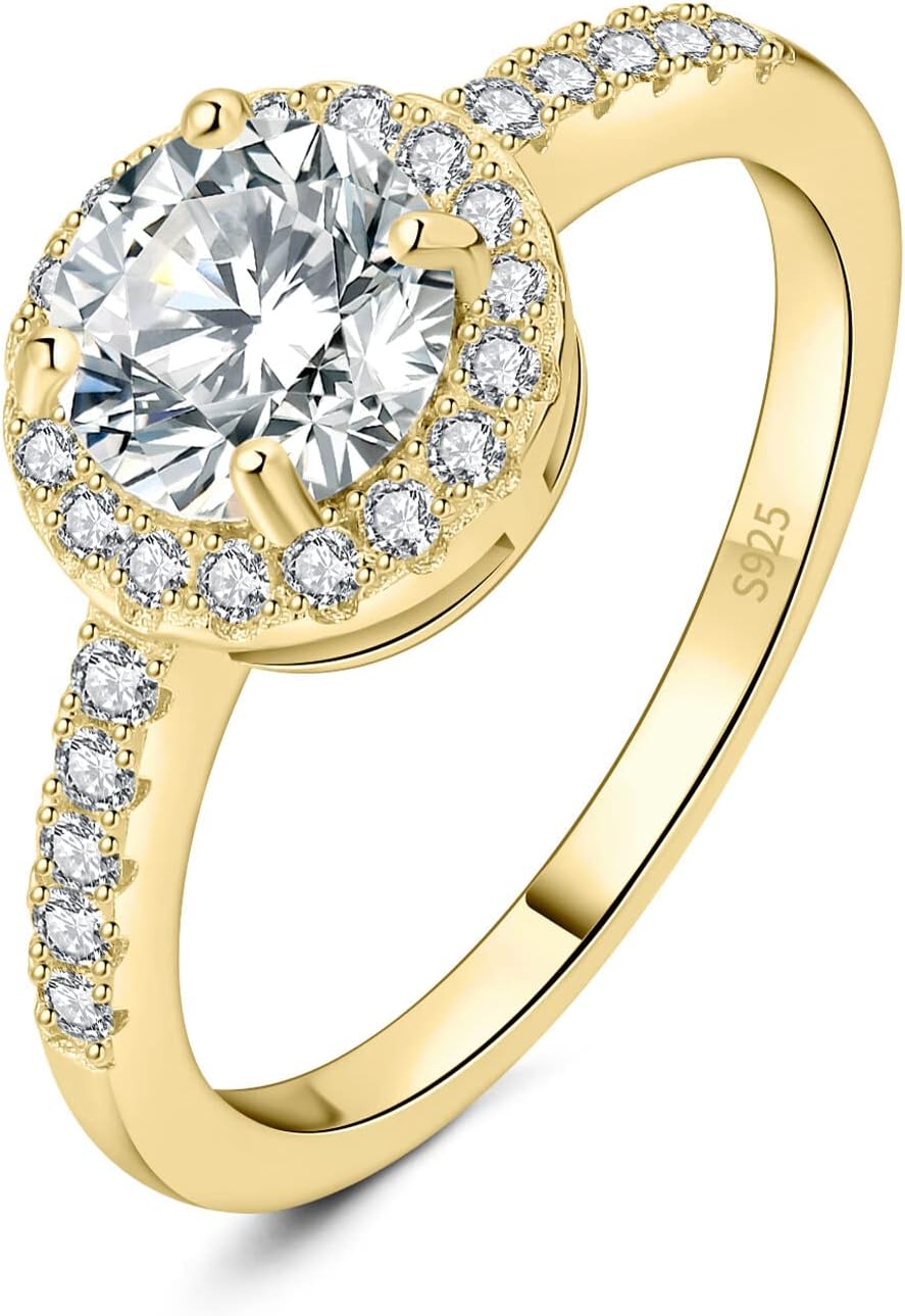 JewelryPalace1.5ct Moissanite Round Cut Halo Engagement Rings for Her, 925 Sterling Silver Promise Ring for Women, Simulated Diamond Anniversary Wedding Ring Jewellery Sets VVS D-F
