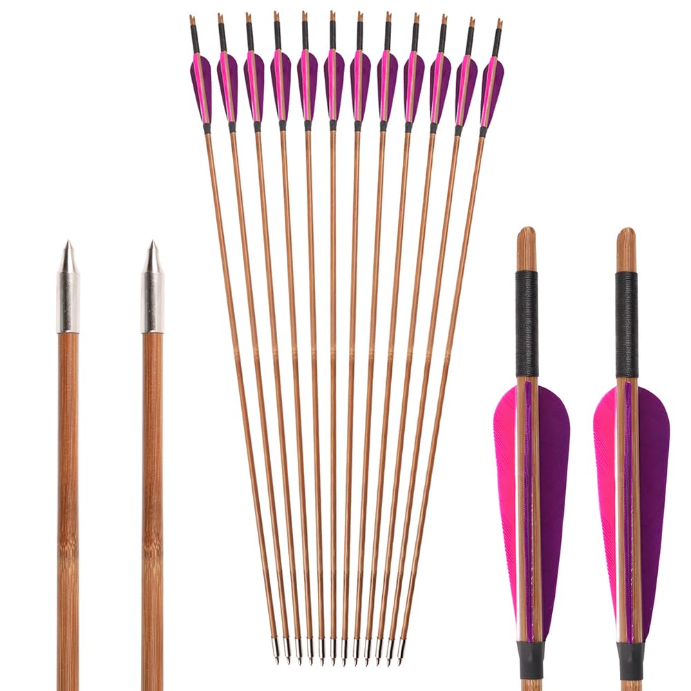12 pz OD 7 mm 8 mm Frecce in Bambù 4 pollici Piuma di Tacchino Rosa Viola, OD 8 mm Freccia in Legno di Cedro con Piuma di Tacchino Gialla Lunghezza Dell'asta 33" per Tiro con L'arco Pratica Caccia
