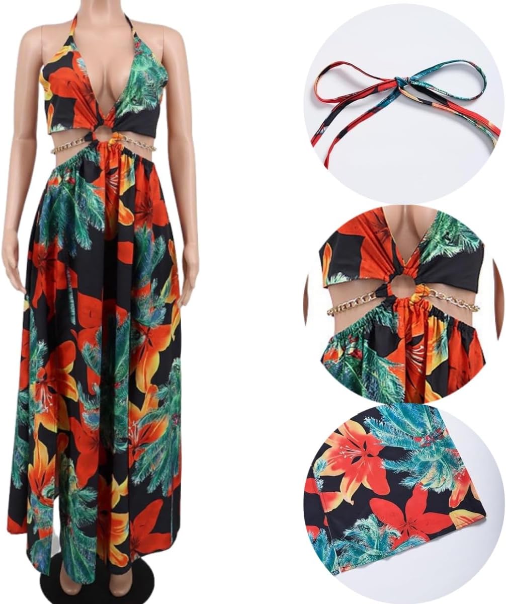 Women's Floral Print Chain Decor Split Thigh Tie Back Dress,V Neck Tie Open Back High Slit A Line Summer Maxi Dress for Beach - Image 5
