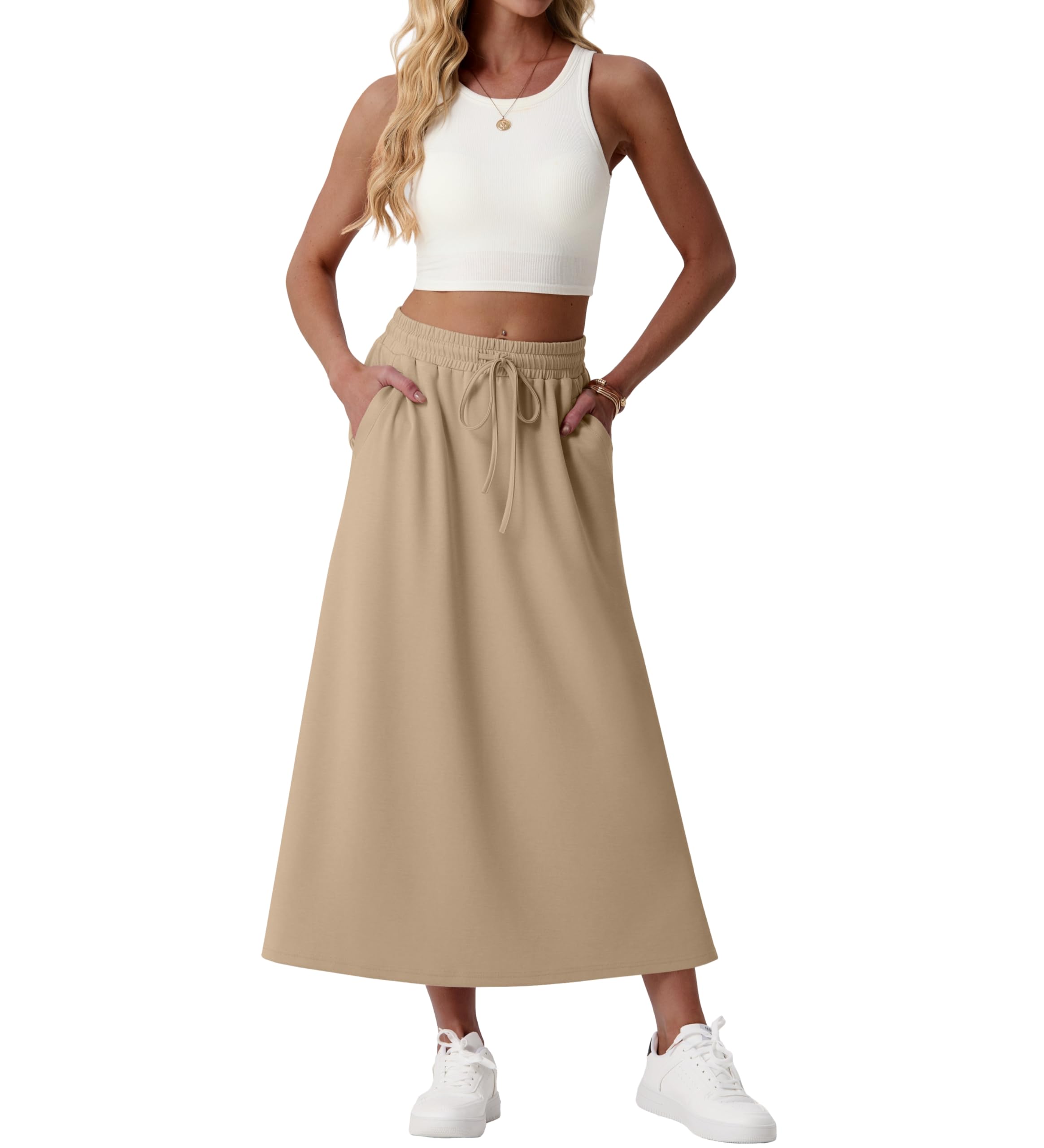 Lepunuo Casual Maxi Skirts for Womens Drawstring High A-Line Waisted Summer Long Trendy Skirts with Pockets