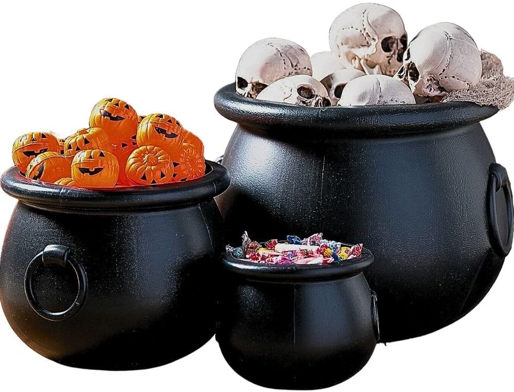 Fun Express Halloween Cauldron Set 3 Pack - Large 16" 12" 8" Black Plastic Cauldron Bowl for Halloween Party Decorations | Witches Cauldron for Candy Dish & Table Centerpiece | Indoor Outdoor Use