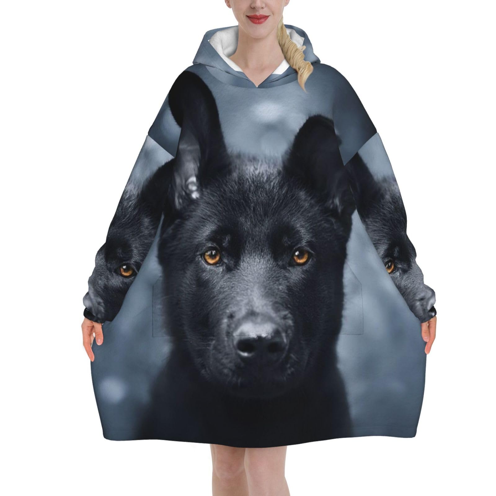 Yxdvpalne Unisex As Picture Black German Shepherd Puppy German Shepherd Oversized Women's Wearable Blanket Hoodie, Flannel Pullover Blanket, Blanket Sweatshirt